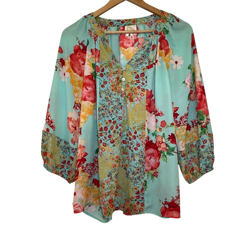 Fig and Flower Floral Blouse Womens Medium Teal Mixed Print‎ Excellent Boho Top - Picture 2 of 10
